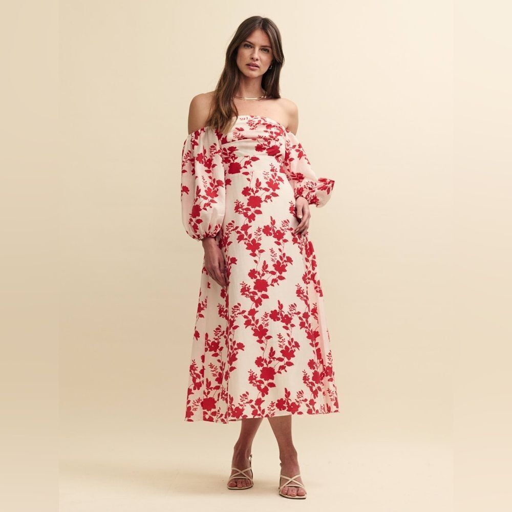 Nobody's Child Floral Off-Shoulder Dress in Red and Cream - Picture 3 of 6